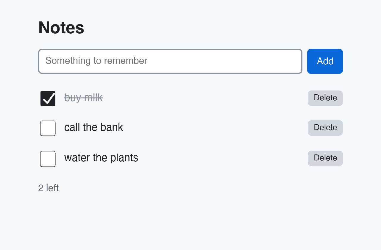 Notes on the desktop: a field, three notes with a checkbox and a Delete button each, '2 left'